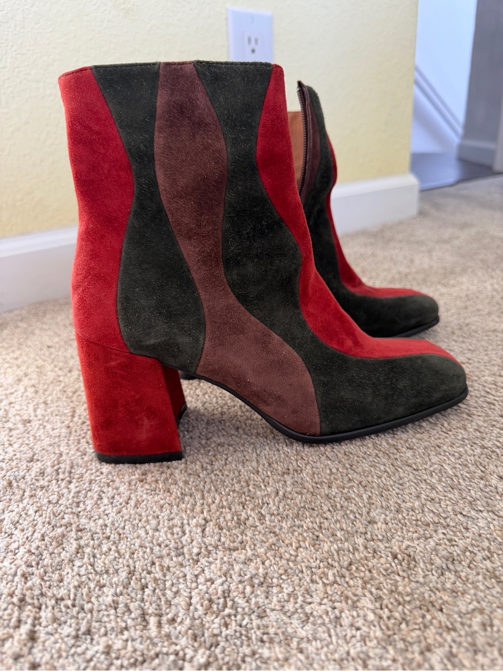 Jeffrey Campbell Red, Green & Brown Suede Wave Block-Heel Ankle Boots